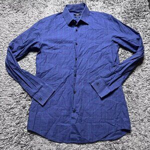 Hugo Boss Shirt Mens 15 38 Blue Slim Fit Check Long Sleeve Button Up Logo Casual